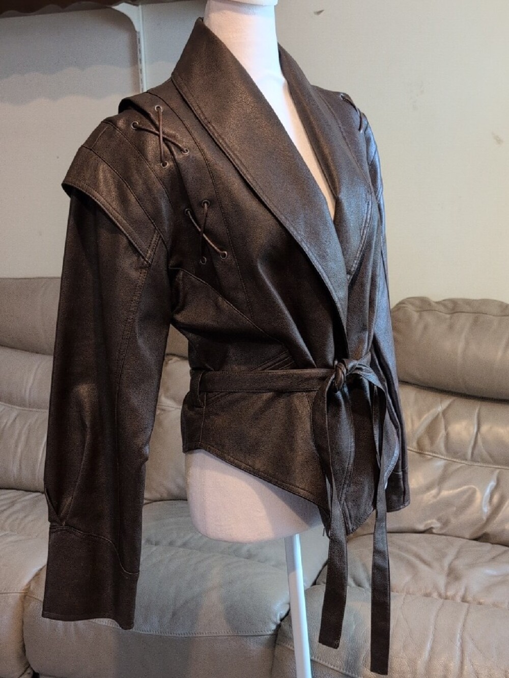 Commense Brown Faux Leather Tie-Waist Jacket with Lace-Up Shoulders